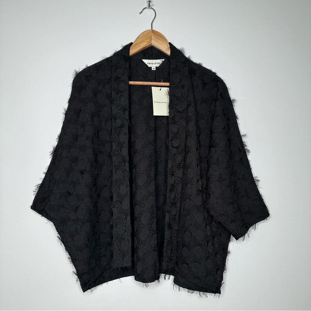 Anthropologie Pepaloves Black Fringe Texture Open Kimono Jacket Size Medium